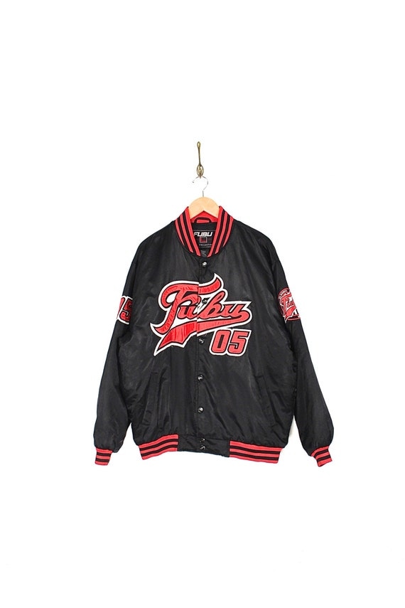 Vintage FUBU Bomber Jacket 90s Embroidered Black Satin Hip