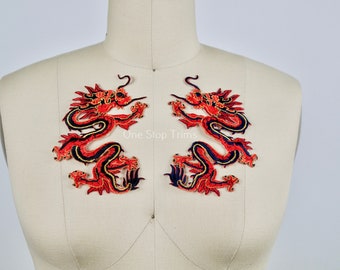 PAIR of Chinese Red Dragon Patches. Satin, Embroidery Material. Iron on Backing. Tail and Tounge Detail. Mirrored. Red, Black and Gold 5.5"