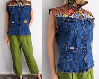 Denim jean vest, waistcoat gilet jacket, womens, button up collared top, medium