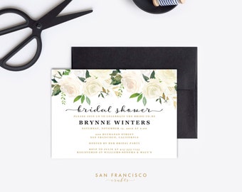 Bridal Shower Invitation Instant Download | Editable Bridal Shower Invite Template | white, gold, roses, floral | BRYNNE Collection | PDF