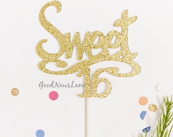 Sweet 16 Cake Topper, 16 Birthday Decor, Gold glitter