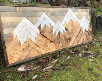 Five Rustic Wood Mountains Wall Art - Large