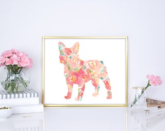 Frenchie watercolor dog print, French Bulldog Watercolor, 8x10 print, 16x20, French bulldog floral dog print, Nursery decor, pet wall decor