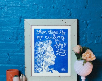 Hillary Clinton Poster, Presidential Election, Handmade Linocut Print, Blue, Inspirational Quote, Art, Wall Hanging
