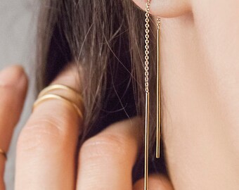 Thin Bar Earrings, Gold Threader Earrings, 14K Gold Earrings, Yellow Gold, Gift For Her, Long Earrings, Dainty Earrings, Gold Chain Earrings