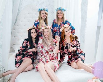 Bridesmaid Robes, SET OF 6 , Bridesmaid Gift, Wedding Robe, Bridal Party gift, Bridal Robe, Cotton Floral Robe, Fast Ship from NY