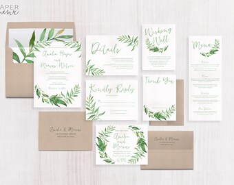 Wedding Invitation | Wedding Invitation Suite Leafy | Garden | Wreath | Greenery | Leaves Invitation | Printed Wedding Suite | Amelia