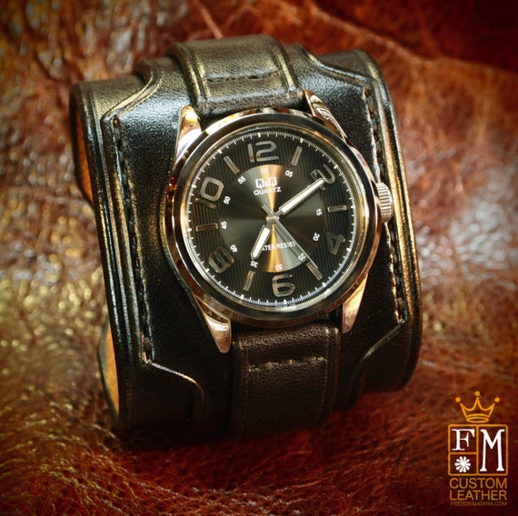 Leather cuff watch Slick Black vintage style 2.5" Wide layered wristband bracelet made in NYC for YOU by Freddie Matara!