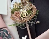 Vintage style, rockabilly, alternative steampunk, birdcage, cogs, birds nest, grooms buttonhole, Wedding corsage, boutonierre