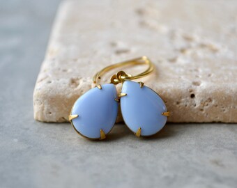 Light Blue Earrings, Blue Teardrop Earrings, Gold Vermeil Dangle Earrings, Vintage Glass Jewelry, Baby Blue Drop Earrings, UK, Gift for Her