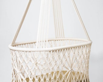 PREORDER Hanging Swinging Baby Cradle in Macrame, Oval Shape with handwoven wicker base. 100% cotton ropes. L36"x W21" Fair Trade