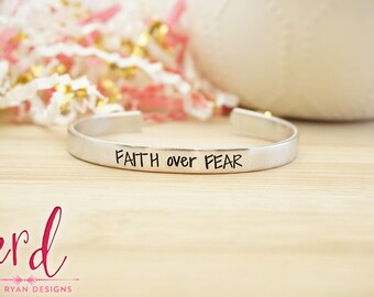 Faith Over Fear Cuff Bracelet - Bible Jewelry - Religious Jewelry - Religious Bracelet - Faith Jewelry - Silver Hand Stamped Cuff