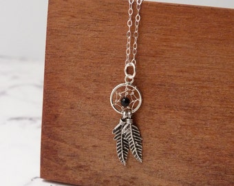 Boho dreamcatcher necklace, inspiration, bohemian dream catcher, sterling silver jewelry, black onyx stone