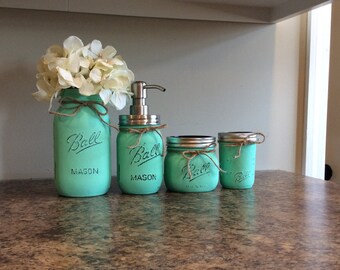 Mint Mason Jar Bathroom Set, 4 Piece Bathroom Set, Mint Mason Jar, Painted Mason Jars, Bathroom Set, Rustic Home Decor, Shabby Chic Decor
