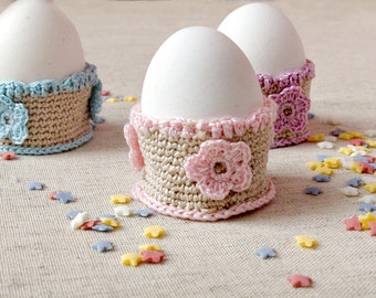 Crochet egg cups set of three Easter eggs holders set cute kitchen decor Easter table decorations handmade Easter gifts for kids eggs cozies