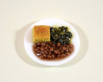 Southern Dinner - Beans, Cornbread, Greens; Dollhouse Food Miniatures; 1:12 Scale
