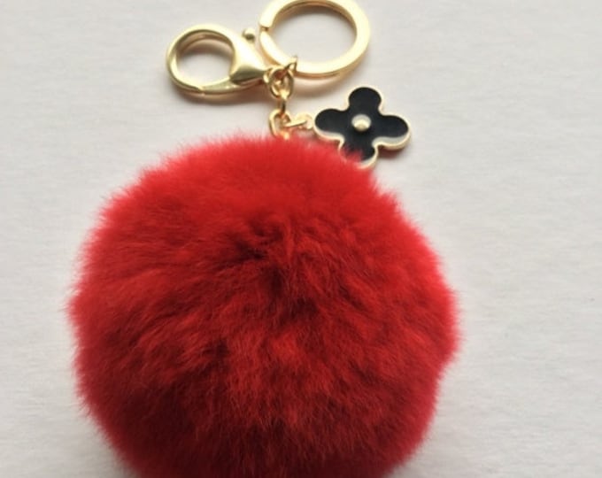 Red fur pom pom keychain REX Rabbit fur pom pom ball with flower bag charm