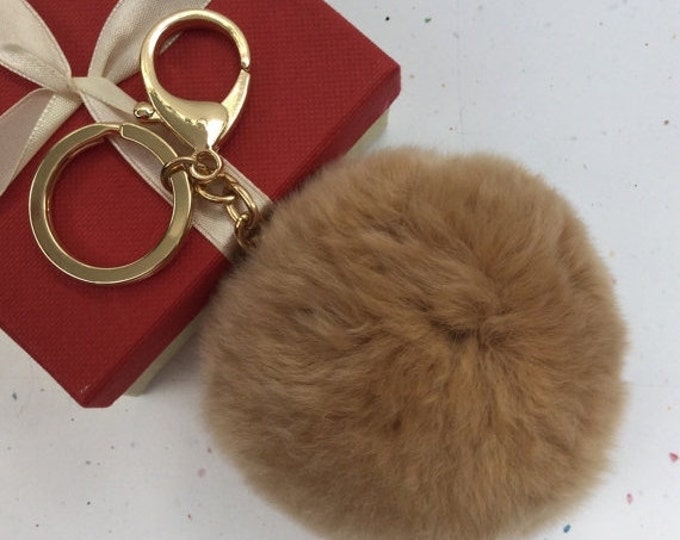 Fur pom pom keychain keyring fur ball bag charm Rex Rabbit Fur beige