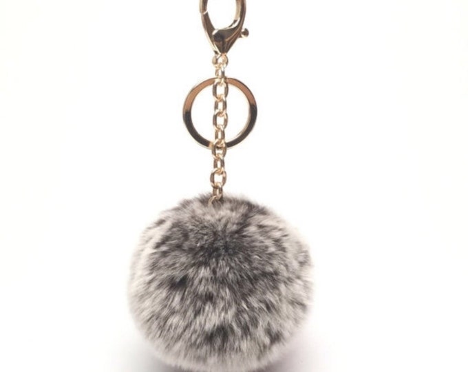 Brown frost fur pom pom keychain REX Rabbit real fur puff ball with flower bag charm keyring