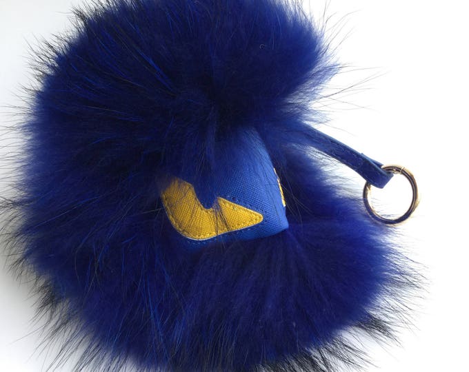 Royal Blue Face Monster Keychain Fur Pom Pom Chain Ball Bobble Key Ring Bag Pendant Charm with Strap and Metal Buckle - Real Fu