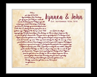 First anniversary gift, personalized wedding anniversary gift, custom song lyrics art, paper anniversary, wedding song lyric art