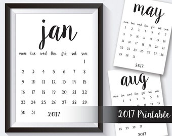 SALE! 2017 Calendar Printable, 12 Month Calendar Wall Art, 2017 Monthly Calendar, Wall Calendar Instant Download Printable