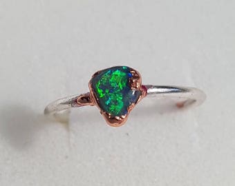 Natural Solid Black Opal Ring. Sterling silver & copper electroformed ring. Ring size P, US ring size 7 1/2