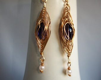 Herringbone Earrings. Purple Earrings . Bronze Earrings. Dangle Earrings
