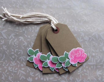 Gift Tag, Rose, Pink, Green, Hand Stamped, Kraftpaper Cardstock, Layered Tag, Layered Stamp, Cotton Twine, Set of 4, Tags, Favor Tags