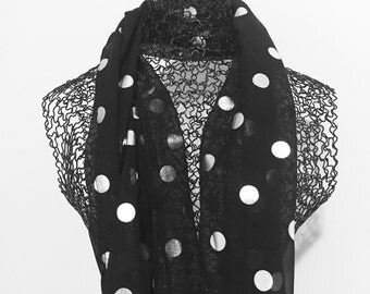 Polka dot scarf. Chiffon scarf. gift for her. black scarf. sheer scarf. Black fashion. Modern scarf. Metallic scarf. House of Poly wrap.