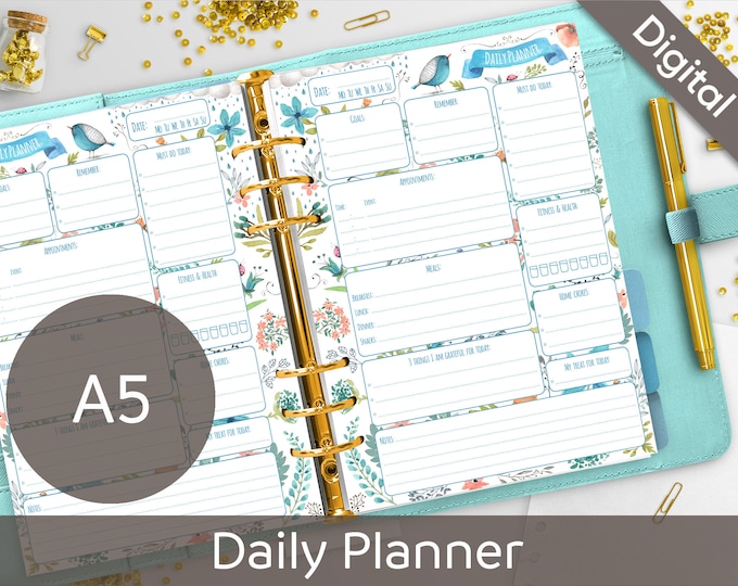 A5 Daily Planner Printable, Filofax A5 printable refills, Daily Schedule, Meals, To Do, Arinne Blue Bird DIY Planner PDF Instant Download