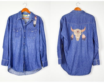 Vintage Denim Shirt, Vintage Clothing, Cowboy, Native American, Jean Shirt, 70s Clothing, Southwestern, Boyfriend, Oversized , Embroidered