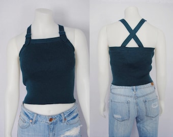 90s ribbed tank top with buckles, vintage X-back top - teal, crop top, ribbed top, knit top, cropped square neckline, 1990s 90s clothing