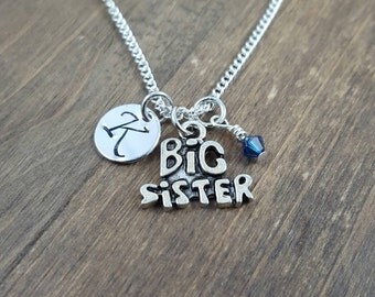 Personalized Big Sister Necklace - Hand stamped Monogram Big Sister Necklace - Initial, Birthstone Necklace - Sibling Necklace