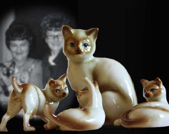 Midcentury Siamese Cat Figurine Family--Mother and 3 Kittens!