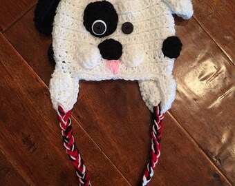 Crocheted puppy dog hat with ear flaps and bow, kids costume hat, handmade hat, puppy hat with ear flaps and braids, dalmation hat