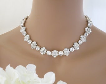 Statement wedding necklace, Rhinestone collar bridal necklace, Swarovski crystal and rhinestone flower necklace, Crystal necklace