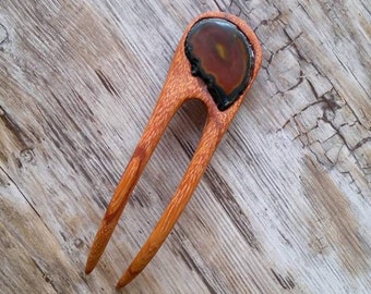Hair fork with Red Zebra (Ebiara) and Agate Slice, Wooden hair fork, Hair Sticks, Natural wooden hair accessories,Shawl Pins,Zebrawood