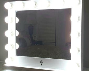 Grand Hollywood Lighted Vanity Mirror w/ LED Bulbs & Double Outlet