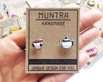 TEA STUD EARRINGS with Resin - Cup Stud Earrings Handmade Post Teapot Jewelry Resin Earrings and Resin Jewelry Tea Cup Accessories Gift Idea