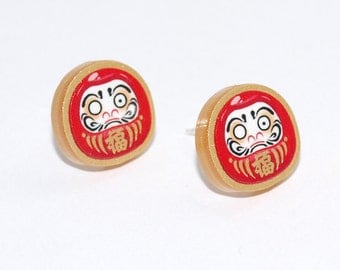 Gold Acrylic Lucky Daruma Earrings - Silver Plated Studs