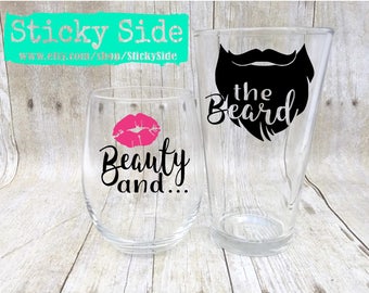 Beauty and the Beard | Bearded Guy Gift | Couple glass set | Engagement glasses | Wedding glasses | Couples gift set | Beard | Beauty