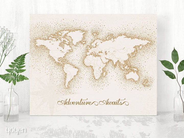 World Map Print - Vintage Brown Dots. Stickers Included! DIY World Map Print. Gift for Travelers. Heart Stickers Included!