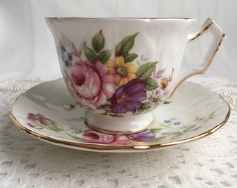 Aynsley China Tea Cup and Saucer, Pretty Pink, Purple, Blue and Yellow Floral with Gold Trim