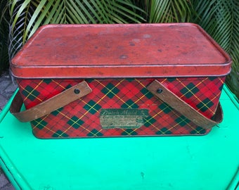Vintage Tartan Plaid Metal Box with Handles