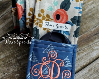 Camera Strap, Camera Strap Cover, Monogrammed Camera Strap, Padded Camera Strap, Rifle Paper Co Fabric -Rosa Flora BLUE Pocket
