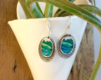 Silver & Green Earrings- Green Earrings- Geode Jewelry- Silver Dangles- Dangle Earrings- Boho Chic Drop Earrings