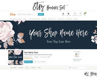 Pre-made Size Etsy Shop Banner & Icon Navy Pink Gold Flower Set