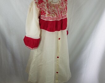 1970s Vtg Indian Dress Pink White Gold Cotton Gauze Embroidered Boho Festival M