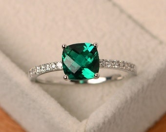 Emerald ring, green emerald ring, green engagement ring, sterling silver, anniversary ring, cushion cut